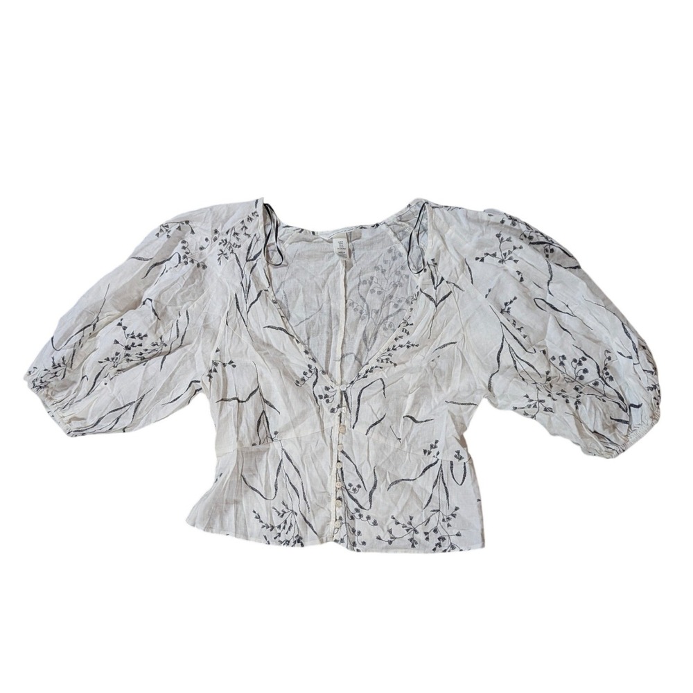 H&M Blouse Womens M White Black Floral Linen Blend Puff Sleeve V-Neck Romantic